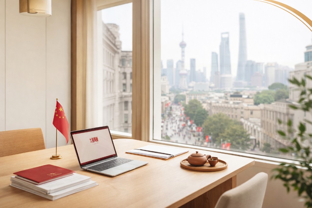 Офис 汉语桥 в Шанхае — рабочий стол с видом на панораму города